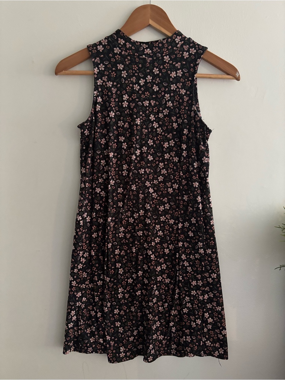 Pink Rose Black Sleeveless Dress with Pink Floral Print
